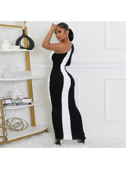 Color Matching One-shoulder Bodycon Long Sleeves Dress