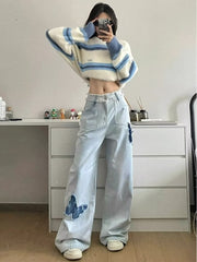 Butterfly Pattern Patchwork Raged Hem Wide Leg Jeans