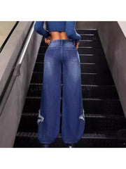 Star Fringe Ripped Raged Hem Wide Leg Jeans