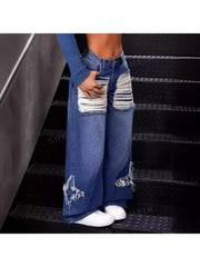 Star Fringe Ripped Raged Hem Wide Leg Jeans