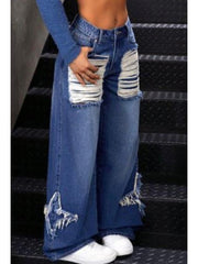 Star Fringe Ripped Raged Hem Wide Leg Jeans