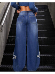 Star Fringe Ripped Raged Hem Wide Leg Jeans