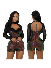 Patchwork Gradient Sequin Backless Long Sleeve Rompers