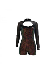 Patchwork Gradient Sequin Backless Long Sleeve Rompers