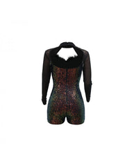 Patchwork Gradient Sequin Backless Long Sleeve Rompers