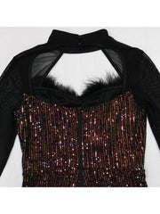 Patchwork Gradient Sequin Backless Long Sleeve Rompers