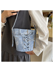 Bow Pure Color Denim Shoulder Bags