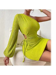 Pure Color Tie-wrap One-shoulder Bodycon Long Sleeves Dress