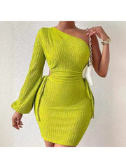 Pure Color Tie-wrap One-shoulder Bodycon Long Sleeves Dress