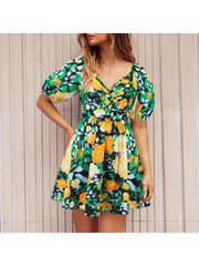 A-line V Neck Lantern Sleeve Dress