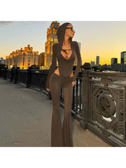 Hooded Hollow-out Flare Leg Long Sleeve Jumpsuits