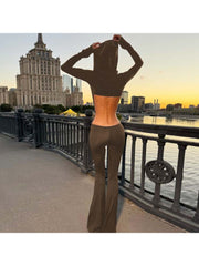 Hooded Hollow-out Flare Leg Long Sleeve Jumpsuits