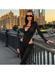 Hooded Hollow-out Flare Leg Long Sleeve Jumpsuits