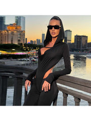 Hooded Hollow-out Flare Leg Long Sleeve Jumpsuits