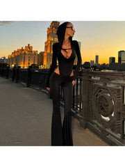 Hooded Hollow-out Flare Leg Long Sleeve Jumpsuits