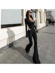 Hooded Hollow-out Flare Leg Long Sleeve Jumpsuits