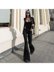 Hooded Hollow-out Flare Leg Long Sleeve Jumpsuits