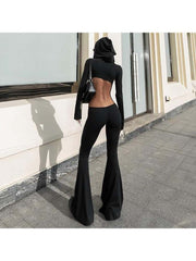 Hooded Hollow-out Flare Leg Long Sleeve Jumpsuits