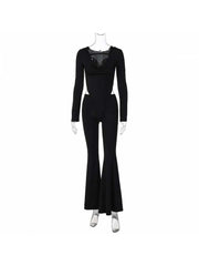 Hooded Hollow-out Flare Leg Long Sleeve Jumpsuits