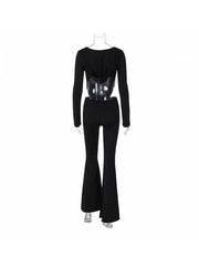 Hooded Hollow-out Flare Leg Long Sleeve Jumpsuits