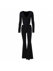 Hooded Hollow-out Flare Leg Long Sleeve Jumpsuits