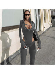 Hooded Hollow-out Flare Leg Long Sleeve Jumpsuits