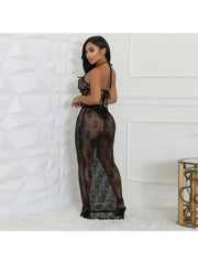 See Through Backless Lace Up Maxi Dress