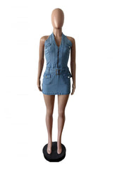 Denim Zipper Halter Backless Mini Dress