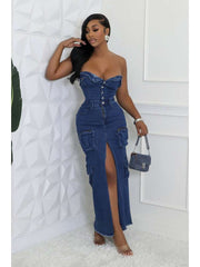 Strapless Denim Cargo Split Hem Maxi Dress