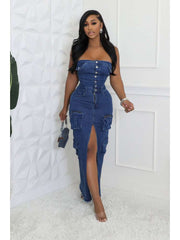 Strapless Denim Cargo Split Hem Maxi Dress