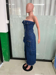 Strapless Denim Cargo Split Hem Maxi Dress