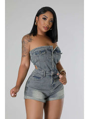 Denim Hollow-out Buckle Strapless Rompers