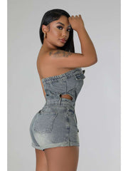 Denim Hollow-out Buckle Strapless Rompers