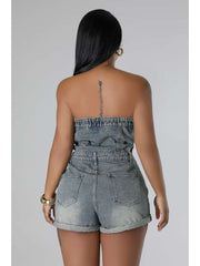 Denim Hollow-out Buckle Strapless Rompers