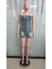 Denim Hollow-out Buckle Strapless Rompers