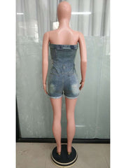 Denim Hollow-out Buckle Strapless Rompers