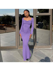 Solid Color Ruched Long Sleeve Maxi Dresses