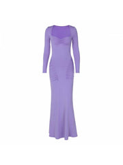 Solid Color Ruched Long Sleeve Maxi Dresses