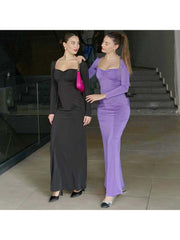 Solid Color Ruched Long Sleeve Maxi Dresses