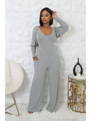 Rib Puff Sleeve Shrug V Neck Jumpsuit 2 Piece Sets