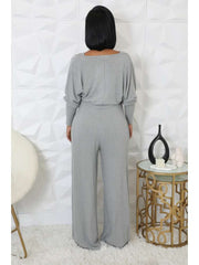 Rib Puff Sleeve Shrug V Neck Jumpsuit 2 Piece Sets