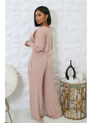 Rib Puff Sleeve Shrug V Neck Jumpsuit 2 Piece Sets