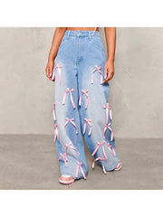 Bow Distressed Trailing Loose Casual Jeans