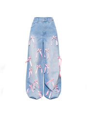 Bow Distressed Trailing Loose Casual Jeans