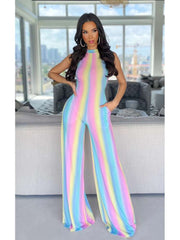 Colorblock Striped Wide Leg Sleeveless Jumpsuits