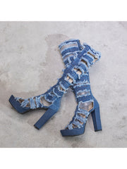 Distressed Peep Toe Denim Pump Boots