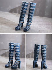 Distressed Peep Toe Denim Pump Boots