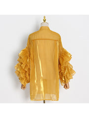 Ruffle Trumpet Sleeve Single Breasted Blouses