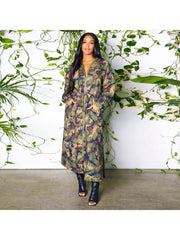 Camouflage Drawstring Hooded Long Trench Coat