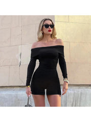 Plain Color Lapel Off Shoulder Fitted Rompers